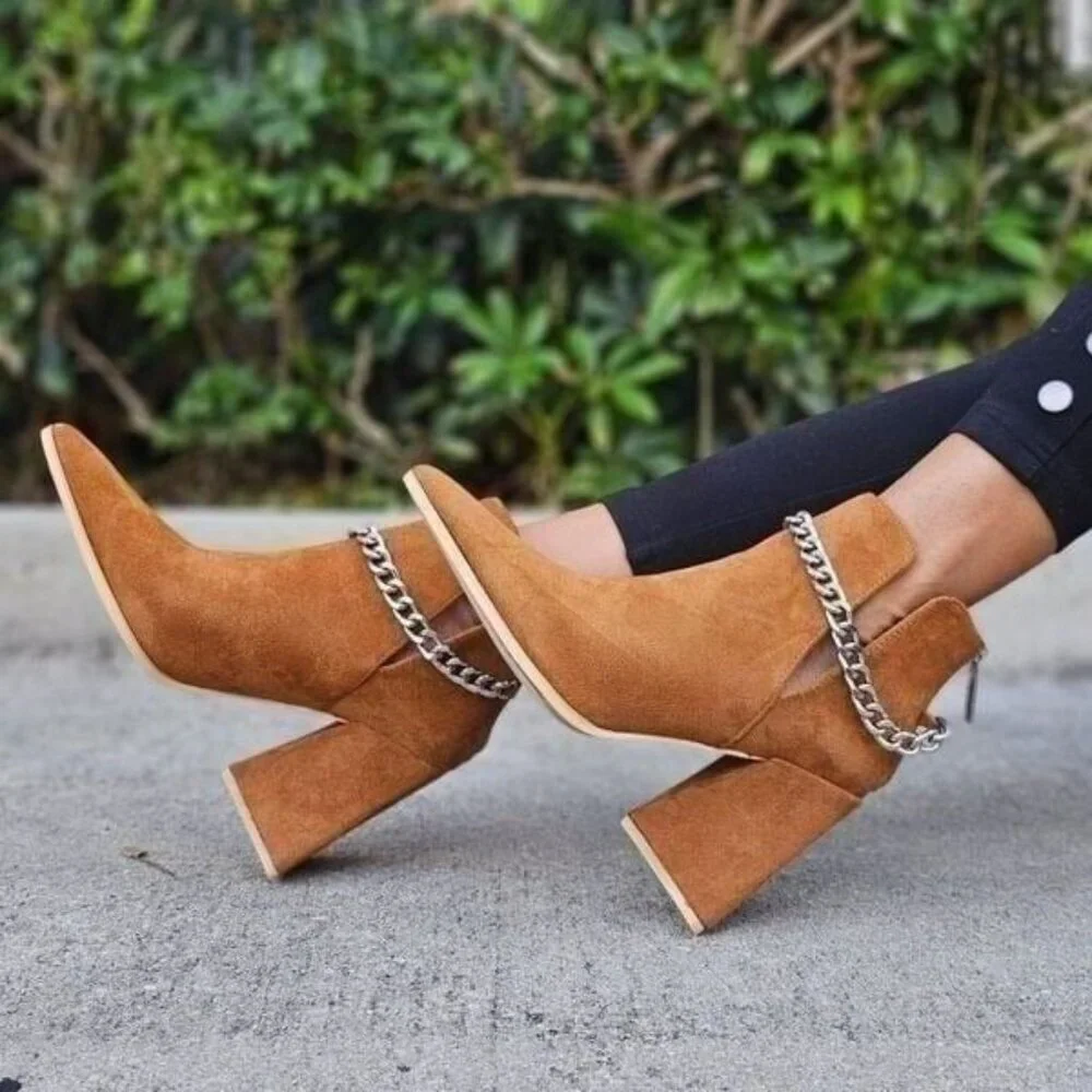 Tan Women’s Faux Suede Chelsea Boots Block Heel with Silver Chain Detail - Picture 2 of 5